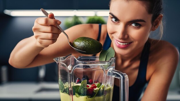 Zdjęcie zbliżenie kobiety używającej awokado podczas przygotowywania detox smoothie w kuchni