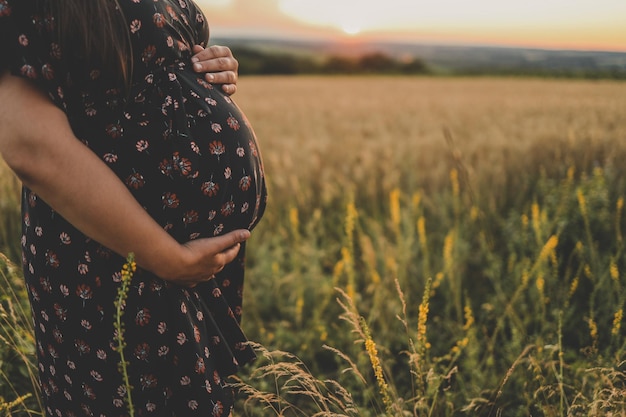 Zbliżenie kobiety w ciąży z rękami na brzuchu na tle natury Koncepcja ciąży oczekiwanie macierzyństwa na narodziny dziecka