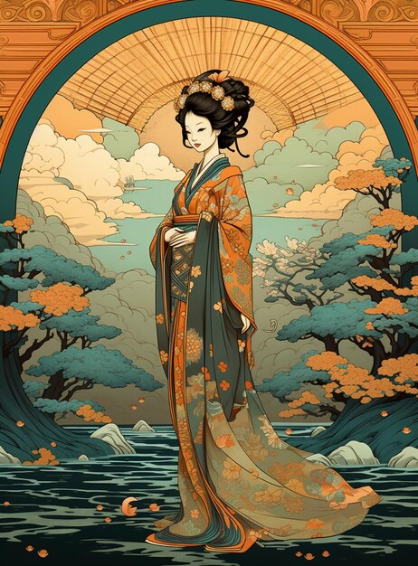 zbliżenie kobiety w kimono stojącej przed jeziorem generatywnym ai