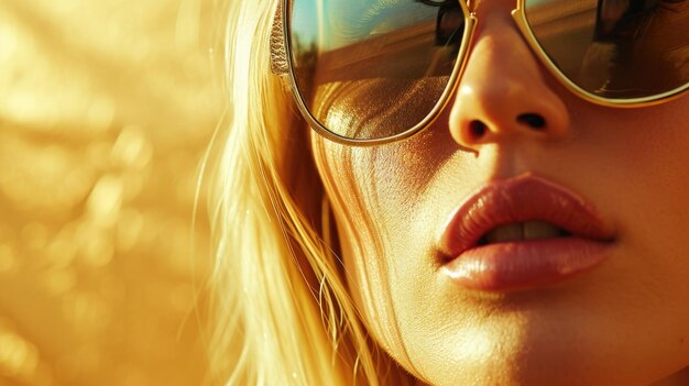 Zbliżenie kobiety w okularach przeciwsłonecznych z złotym promieniem słońca