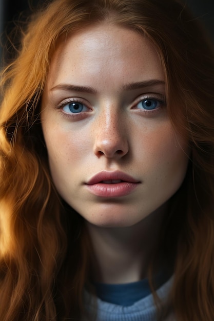 Zbliżenie kobiety z czerwonymi włosami i niebieskimi oczami Generatywna sztuczna inteligencja