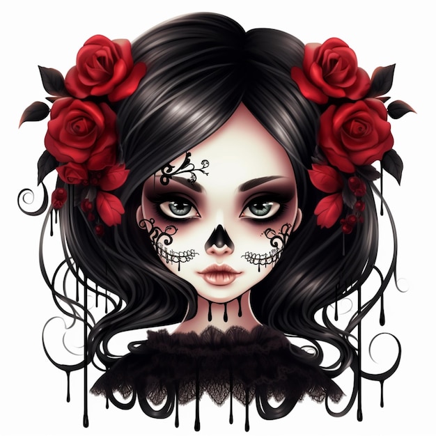 zbliżenie kobiety z twarzą w kształcie czaszki i różami we włosach, generatywna ai