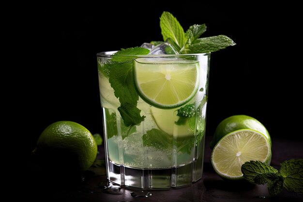 Zbliżenie koktajlu mojito z widocznymi liśćmi mięty i kawałkami limonki utworzone za pomocą generatywnej ai