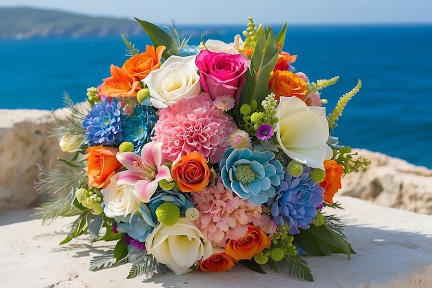 Zdjęcie zbliżenie kolorowego bukietu ślubnego z morzem w tle