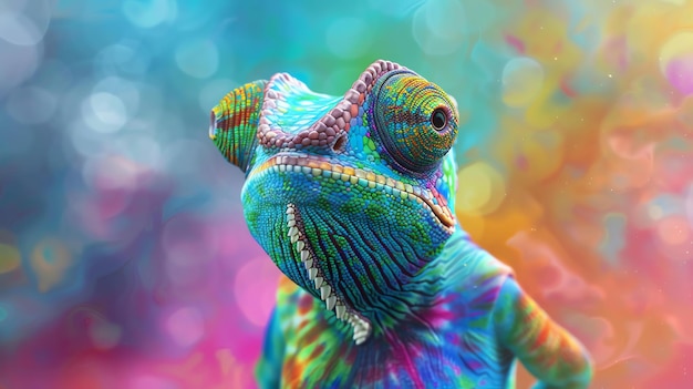 Zbliżenie kolorowego kameleona patrzącego w kamerę Kameleon jest jasnozielony niebieski i żółty Jego skóra jest teksturowana i nierówna