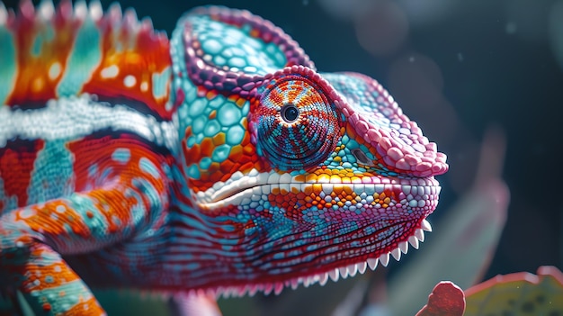 Zdjęcie zbliżenie kolorowego kameleona z żywymi czerwono-niebieskimi i zielonymi łuskami kameleon patrzy na kamerę z lekko otwartymi ustami