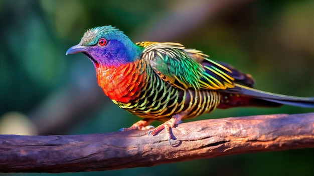 Zbliżenie kolorowego ptaka z połyskującymi piórami siedzącego na gałęzi