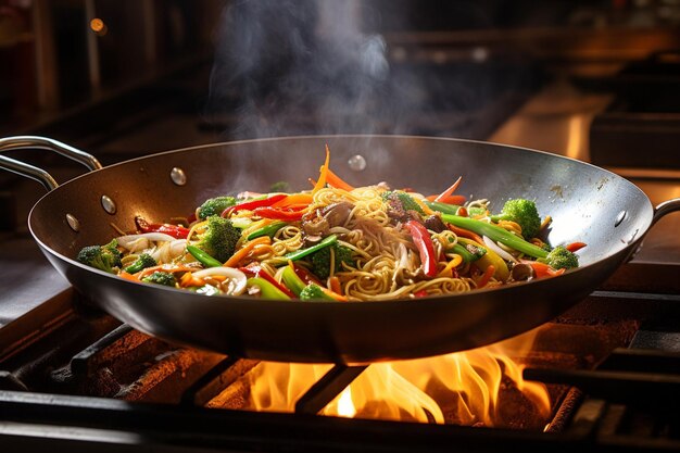 Zdjęcie zbliżenie kolorowej smażonej potrawy gotowanej w wokie