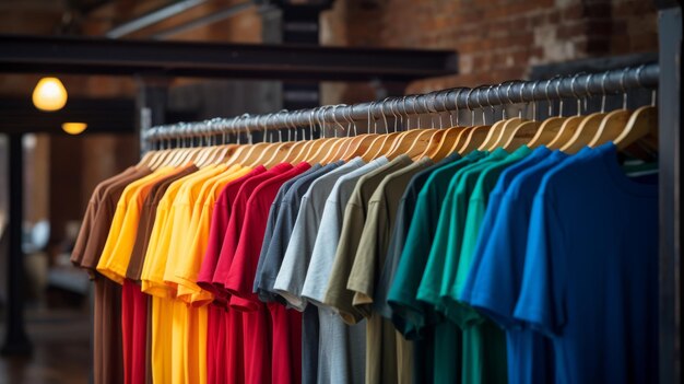 Zdjęcie zbliżenie kolorowych koszulek na wieszakach, pozór odzieży, różnorodność kolorów koszulek męskich