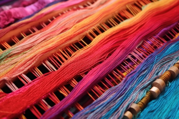 Zbliżenie kolorowych nici na krośnie tkackim utworzone za pomocą generatywnej ai