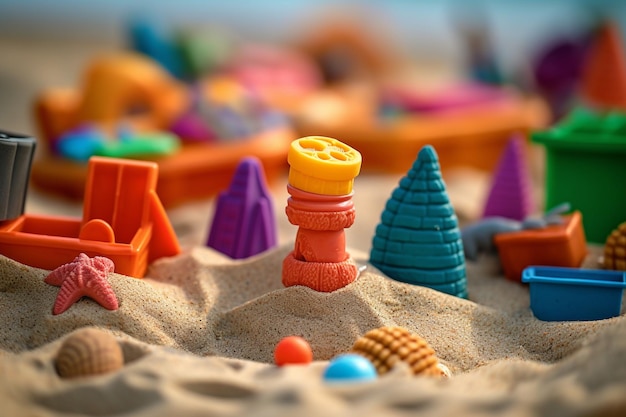 Zbliżenie kolorowych zabawek plażowych i foremek z piasku latem