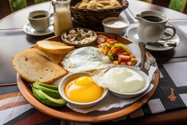 Zbliżenie kolumbijskiego śniadania ze świeżo ugotowanymi jajkami i gorącą kawą