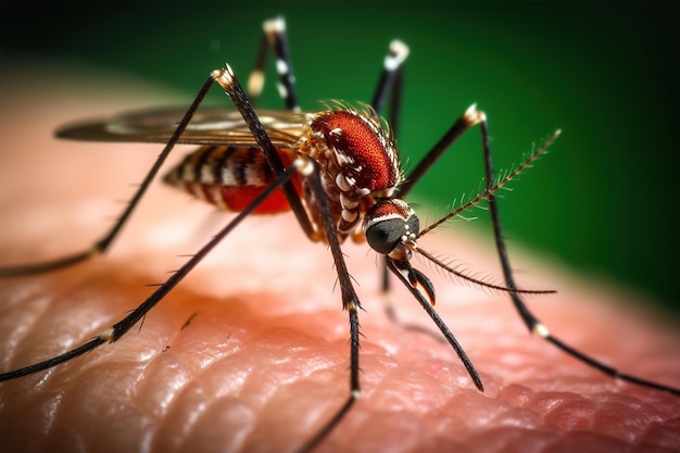 Zdjęcie zbliżenie komara dengi wysysającego krew