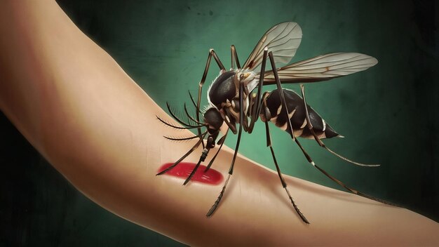 Zbliżenie komara ssającego krew z ludzkiej ręki