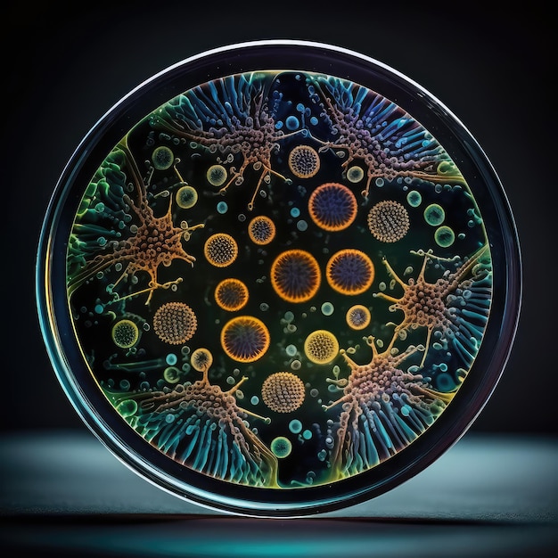 Zdjęcie zbliżenie komórek bakterii i wirusów w naczyniu z próbkami laboratorium naukowego na surowicę