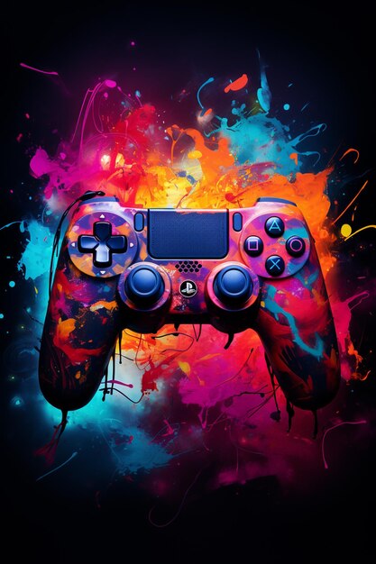 Zdjęcie zbliżenie kontrolera gry wideo z kolorowymi rozpryskami farby generatywny ai