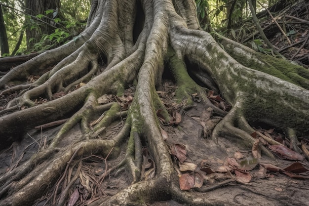 Zbliżenie korzeni drzew rosnących w naturalnym środowisku stworzonym za pomocą generatywnej ai