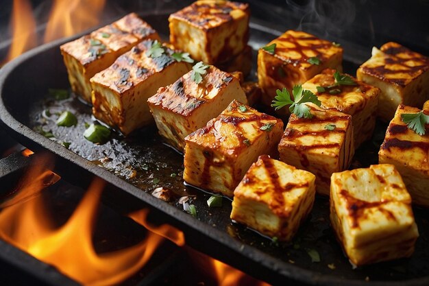 Zbliżenie kostki paneer tikka gotowane na gorącym grillu