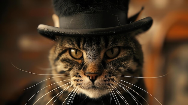 Zbliżenie kota w czapce górskiej Kot patrzy na kamerę z poważnym wyrazem twarzy Obraz jest dobrze oświetlony, a kolory żywe