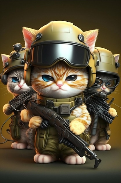 Zbliżenie kota w mundurze wojskowym z generatywnym ai pistoletu
