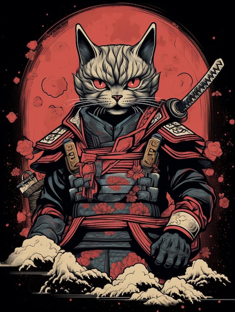 Zbliżenie kota w stroju samuraja z mieczem generatywnym ai