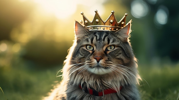 Zdjęcie zbliżenie kota z bardzo gęstymi włosami, dużym ciałem, noszącym koronę, siedzącego potężnie.