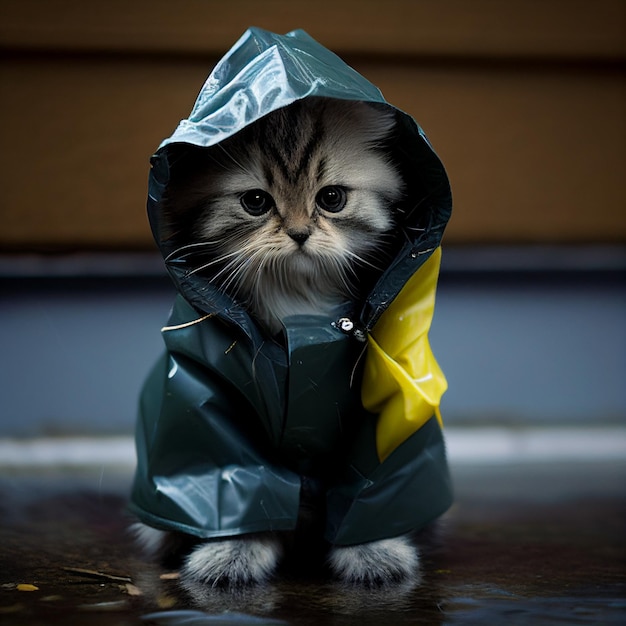 Zbliżenie kotka w płaszczu przeciwdeszczowym z ai generatywnej żółtej gwiazdy