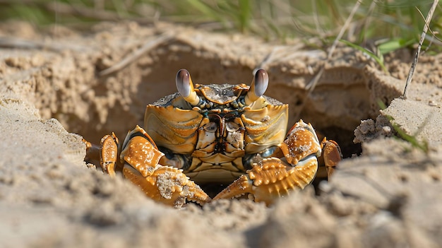 Zbliżenie kraba piaskowego na plaży Krab siedzi w dziurze w piasku, a jego oczy patrzą w kamerę.