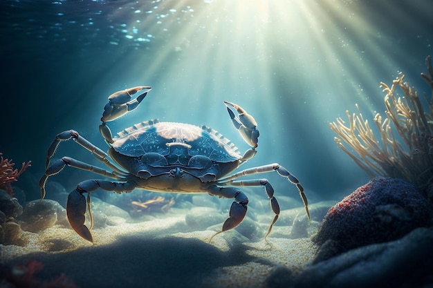 Zbliżenie kraba pod wodą ze światłem słonecznym świecącym przez Generative Ai