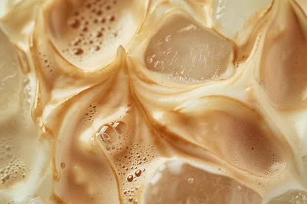 Zbliżenie kremowej pianki i kostki lodu na kawie