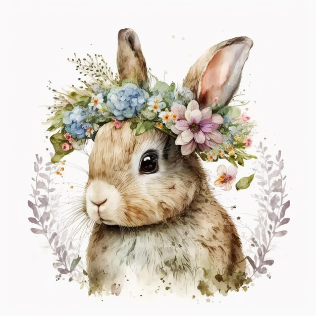 zbliżenie króliku noszącego koronę kwiatową na głowie generatywny ai