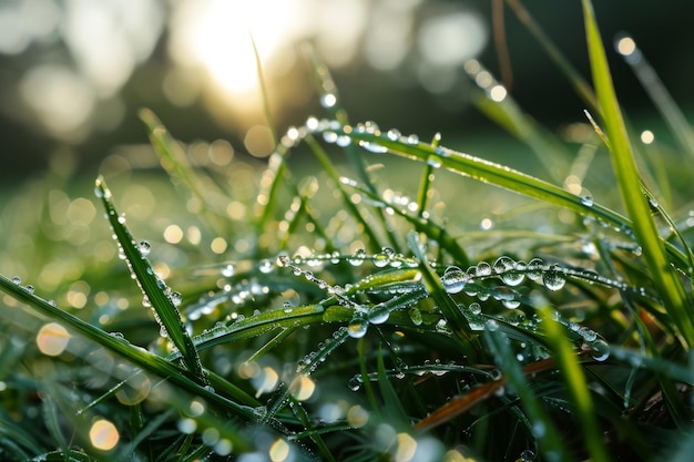 Zbliżenie kropelek wody na zielonej trawie Generacyjna AI