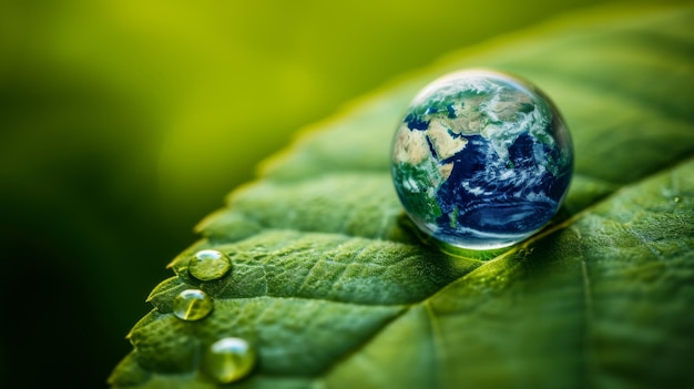 zbliżenie kropli wody na zielonym liście z kroplą załamującą obraz Ziemi