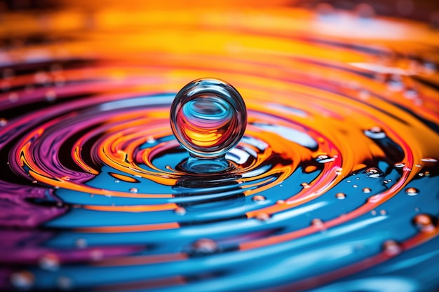 Zdjęcie zbliżenie kropli wody wpadającej do basenu, tworzącej fale o żywych kolorach