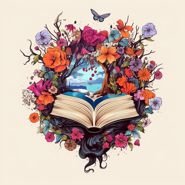 Zdjęcie zbliżenie książki z kwiatami i motylami wokół niej generatywny ai