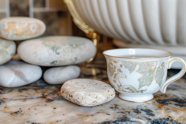 Zdjęcie zbliżenie kubka herbaty na powierzchni marmurowej łazienki z kamieniami spa