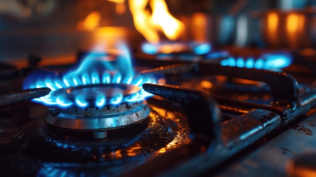 Zbliżenie kuchenki gazowej z niebieskimi płomieniami wychodzącymi z niej