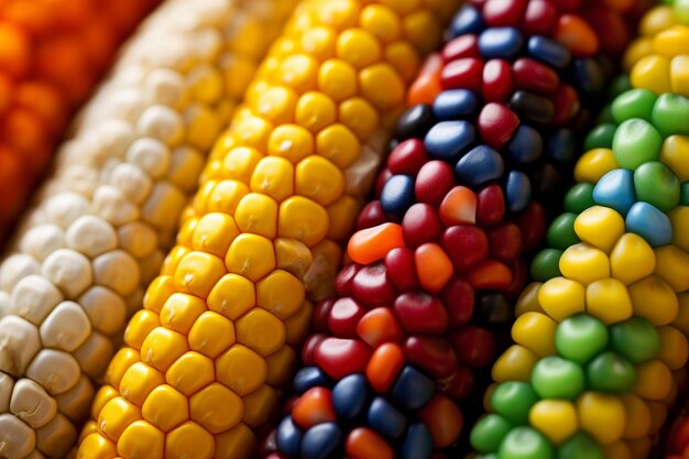 Zdjęcie zbliżenie kukurydzy z ziarnami o różnych kolorach