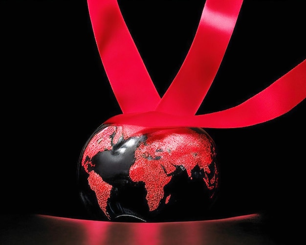Zbliżenie kuli ziemskiej z czerwoną wstążką symbolizującą walkę z AIDS