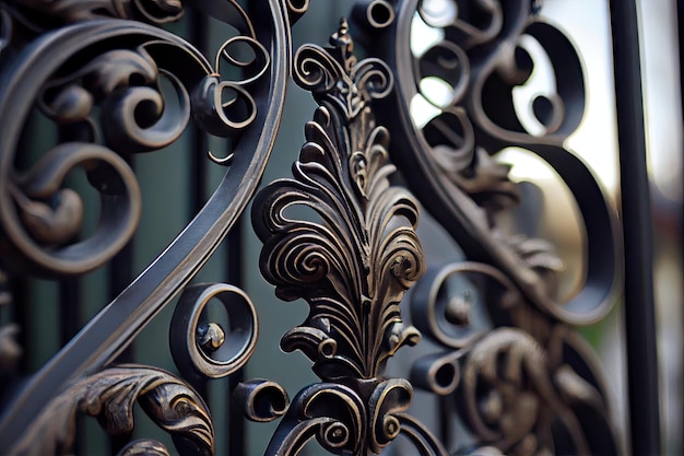 Zdjęcie zbliżenie kutej żelaznej bramy z ozdobnymi szczegółami i zawiłymi wzorami
