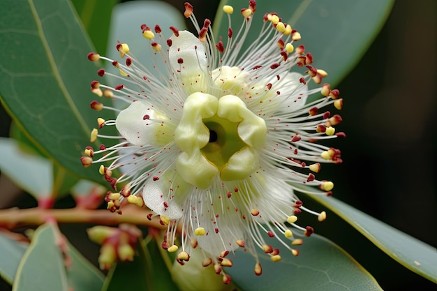 Zbliżenie kwiatu eukaliptusa z zawiłymi szczegółami i płatkami w pełnym widoku