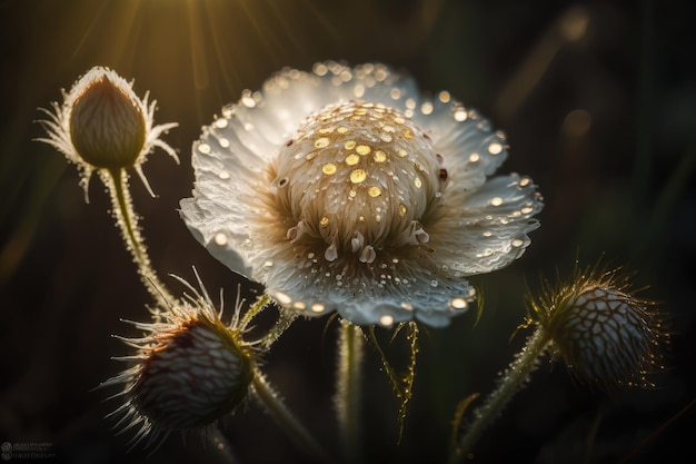 Zbliżenie kwiatu łąki z kroplami rosy świecącymi w porannym słońcu