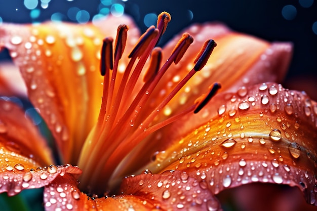 Zbliżenie kwiatu lilii pomarańczowej z kroplami wody na płatkach