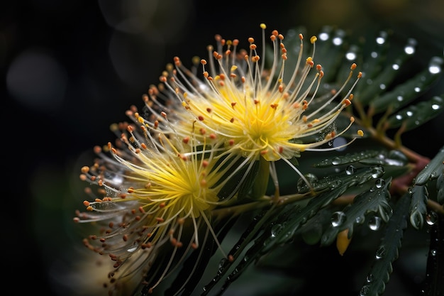 Zbliżenie kwiatu mimozy z kroplami rosy lśniącymi na płatkach