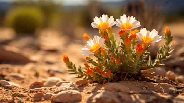 Zbliżenie kwitnącego dzikiego kwiatu pustynnego pośród suchej gleby Arizony