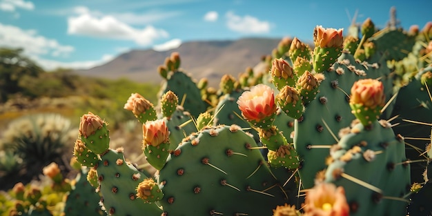 Zbliżenie kwitnącego kaktusa pod słonecznym niebem flora pustynna z żywymi kwiatami naturalny krajobraz odpowiedni do tła jasny dzień w suchym środowisku AI