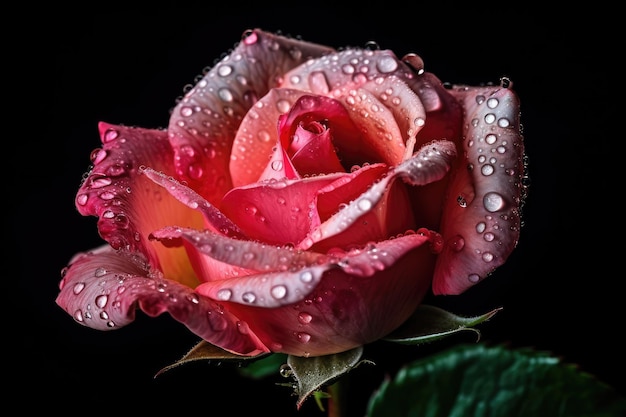 Zbliżenie kwitnącej świeżej różowej róży z kroplami wody