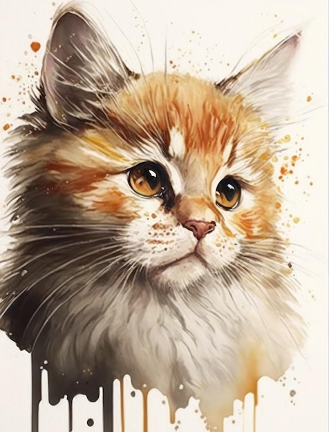 Zbliżenie ładny futrzany kot akwarela malarstwo
