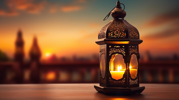 Zbliżenie lampy ramadanu z zachodem słońca w tle