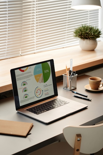 Zbliżenie Laptopa Z Kolorowymi Wykresami Finansowymi Na Ekranie Na Stole W Biurze